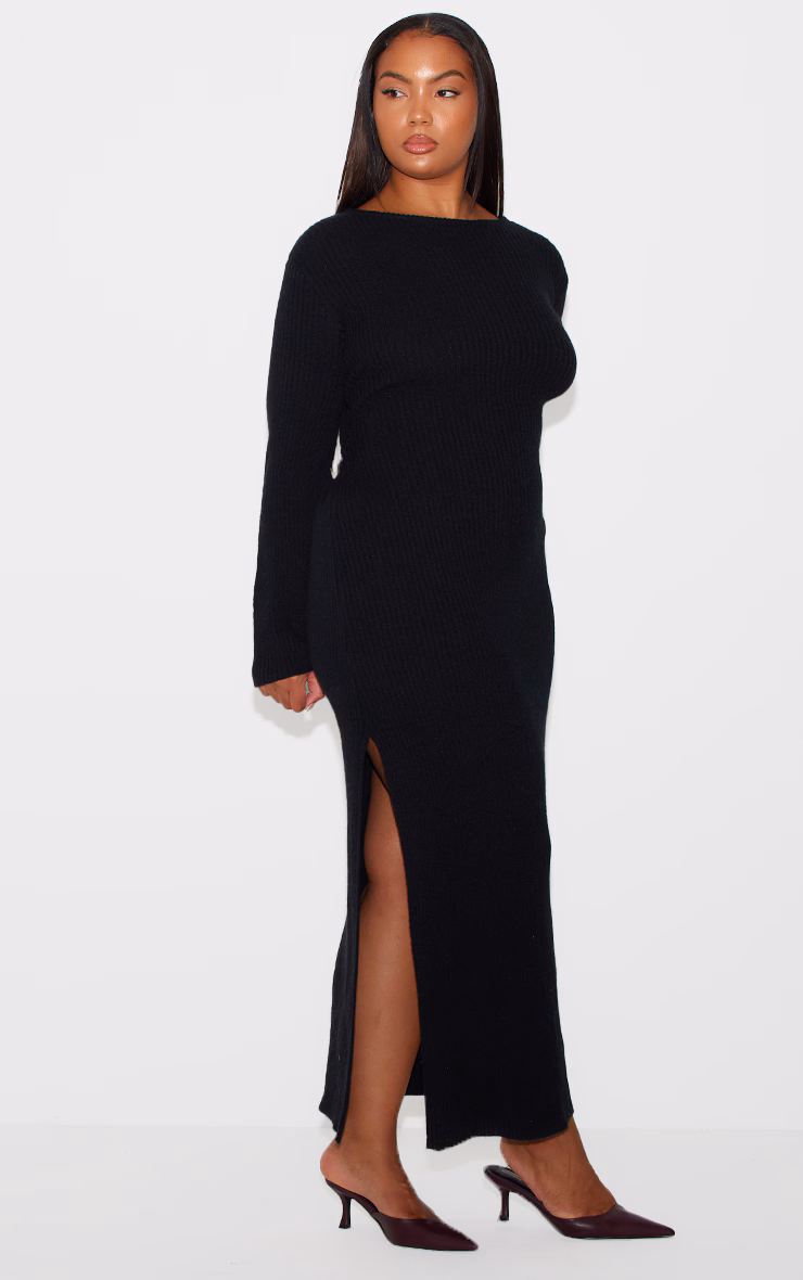 Plus Black Rib Knit Low Back Long Sleeve Maxi Dress