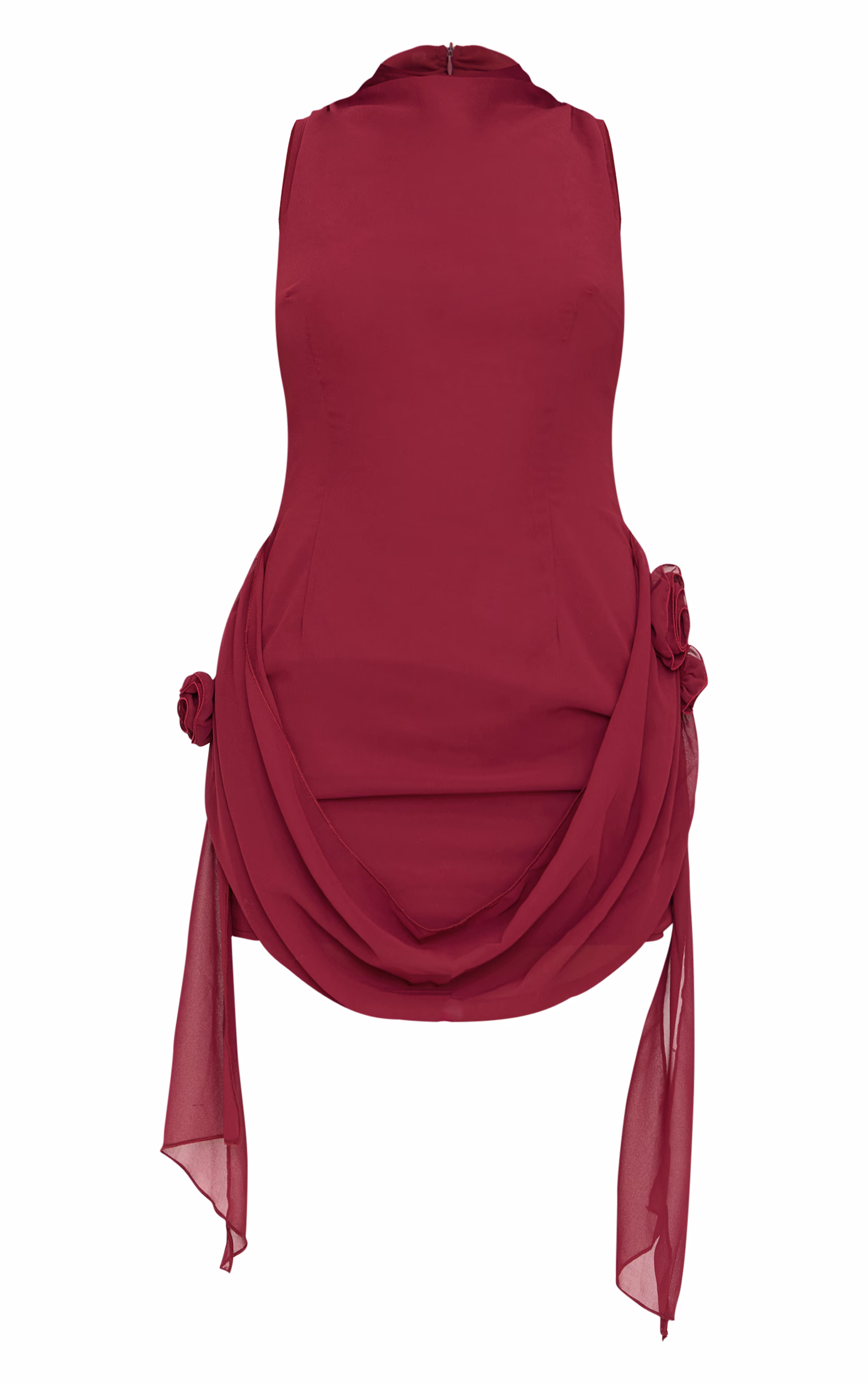 Burgundy Chiffon Boat Neck Drape Detail Mini Dress
