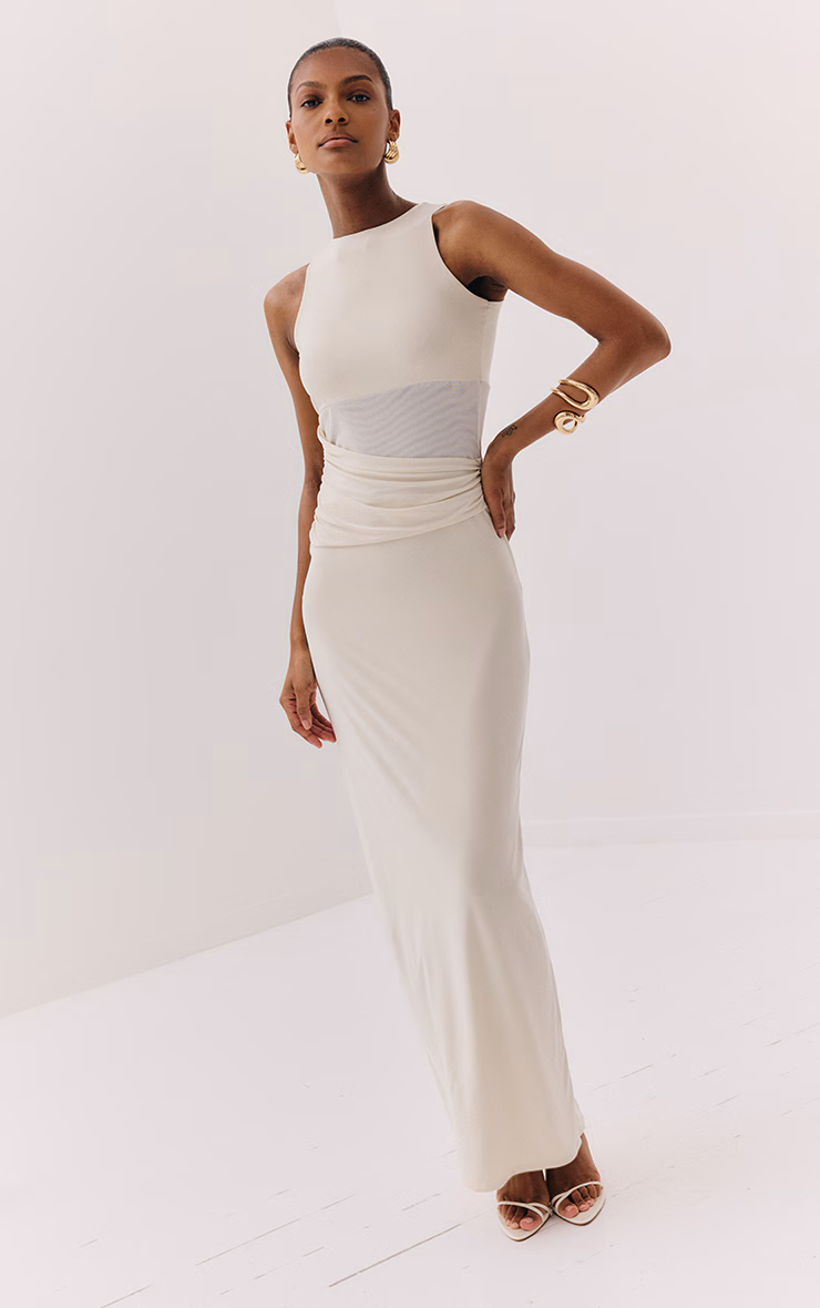 Almond Slinky Mesh Cut Out Maxi Dress