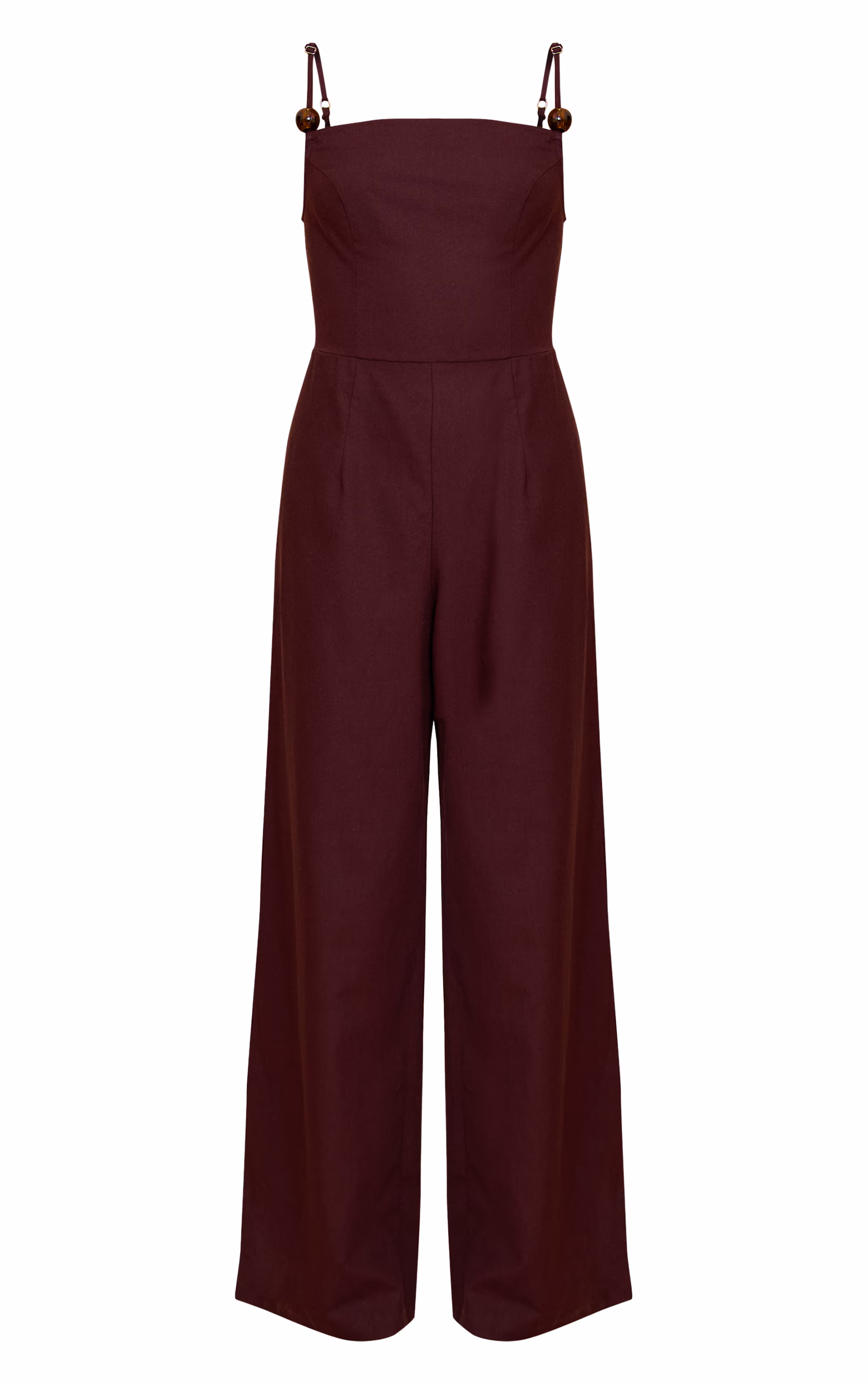 Chocolate Linen Blend Straight Neck Bead Detail Jumpsuit