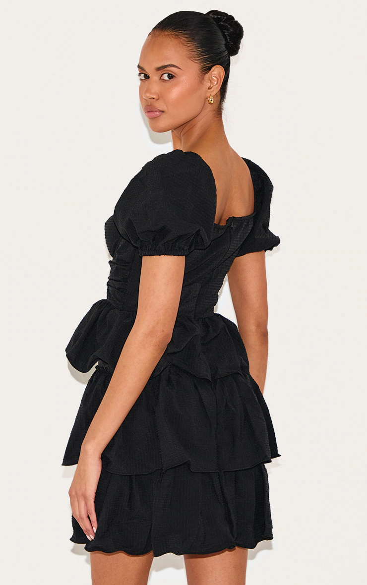 Black Crinkle Cup Detail Tiered Skirt Skater Dress