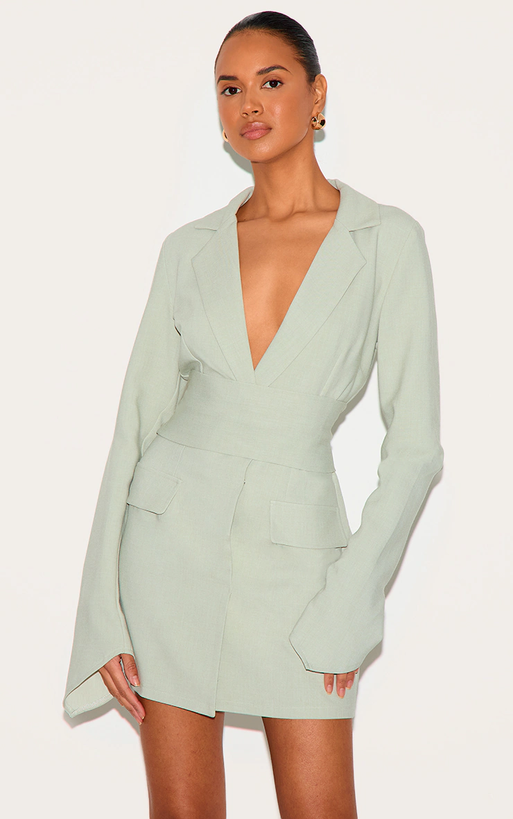 Sage Green Woven Belted Blazer Dress