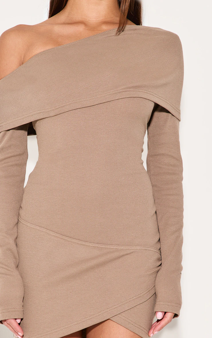 Taupe Rib Bardot Wrap Mini Dress