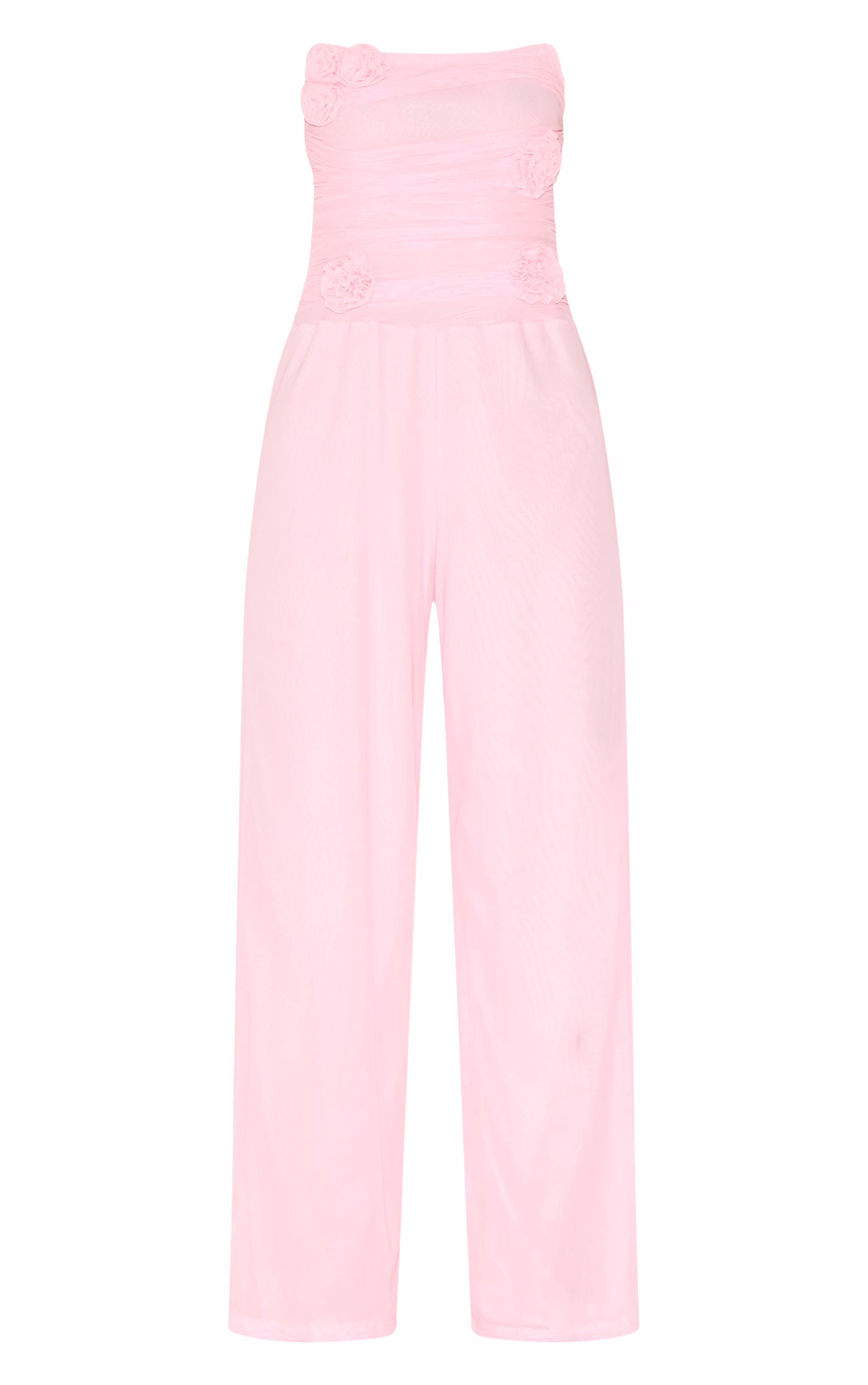 Pale Pink Mesh Overlay Bandeau Rose Applique Jumpsuit