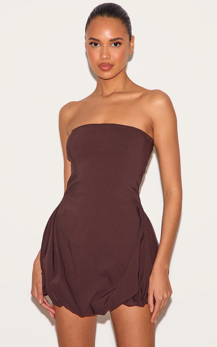 Chocolate Stretch Woven Bandeau Puffball Mini Dress