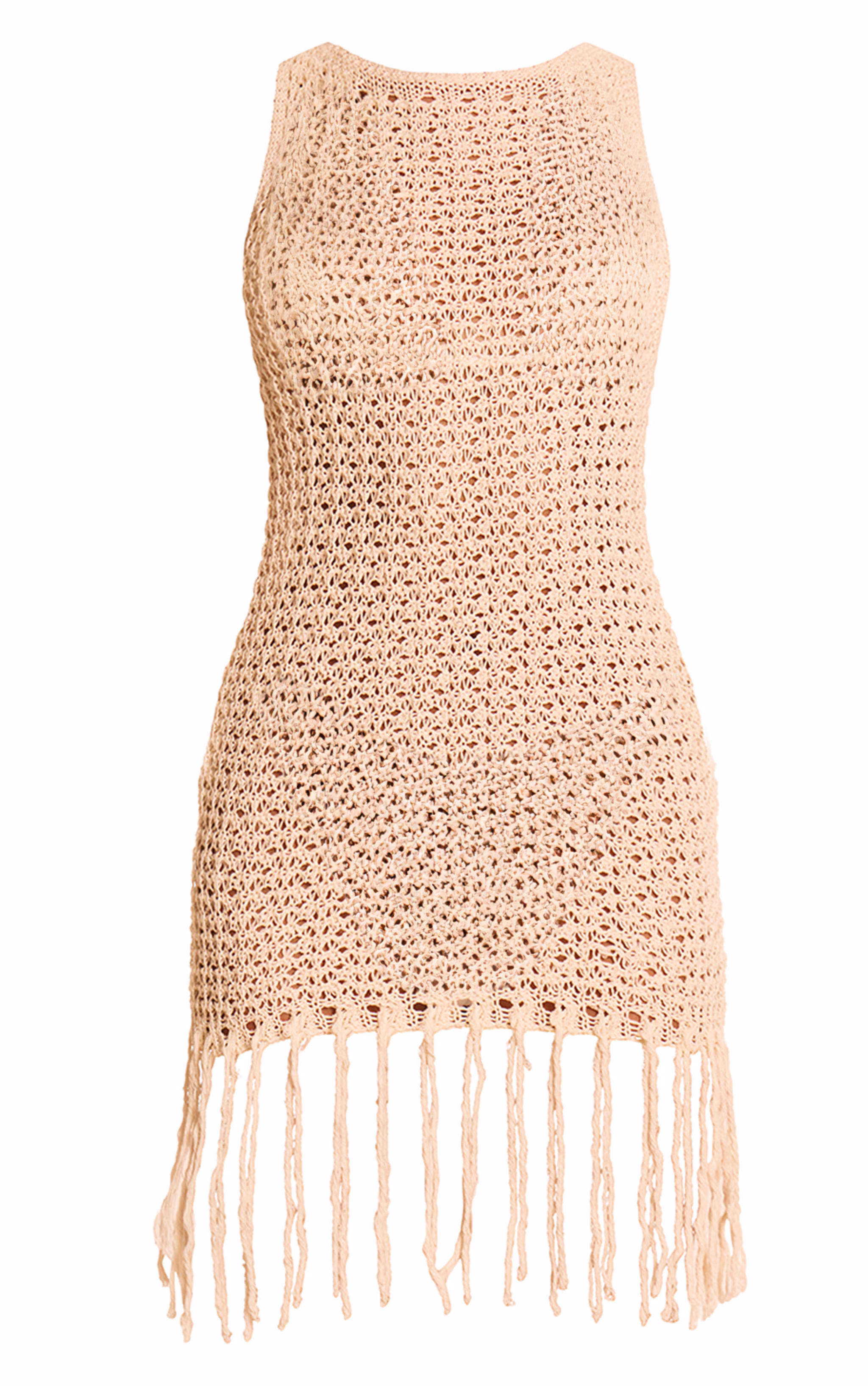 Cream Crochet Boat Neck Tassel Mini Dress