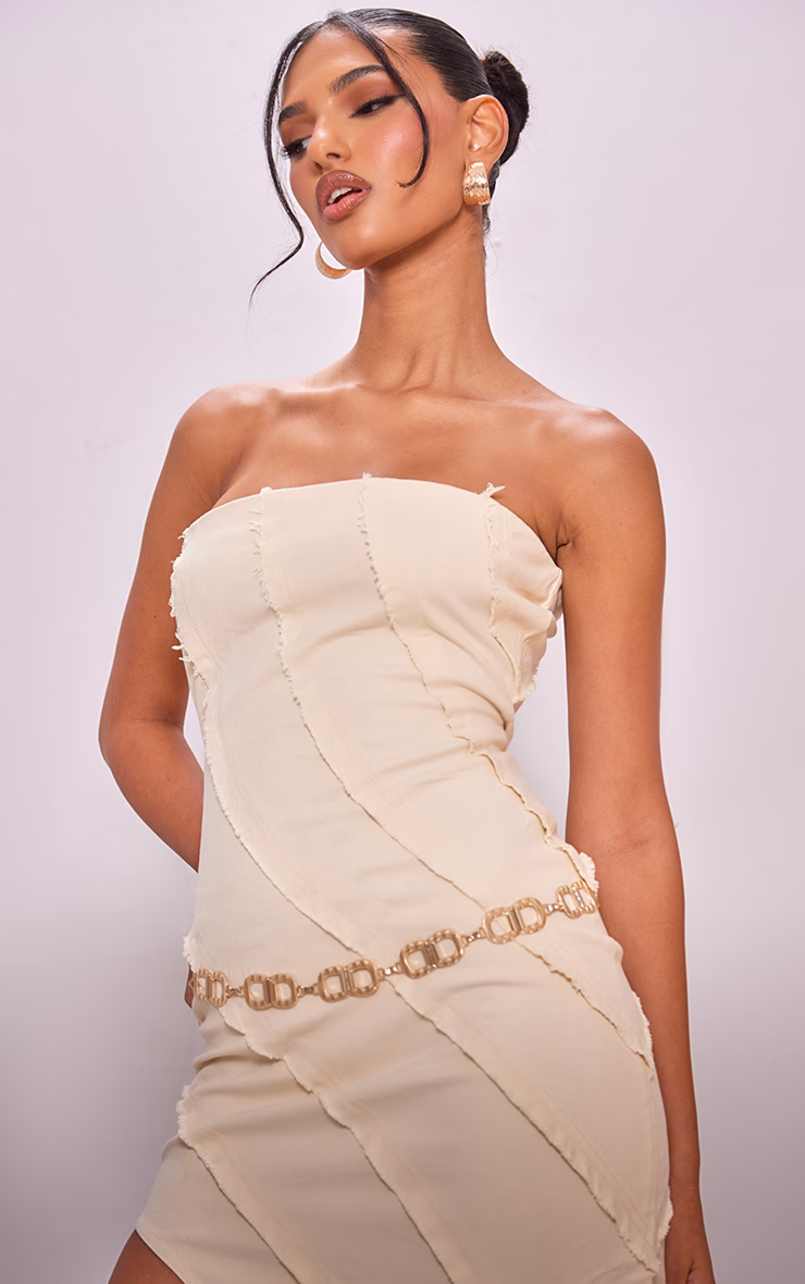 Stone Frayed Seam Detail Asymmetric Denim Midi Dress