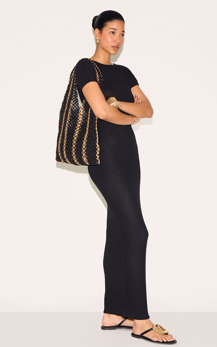 Black Textured Cap Sleeve Maxi Dress