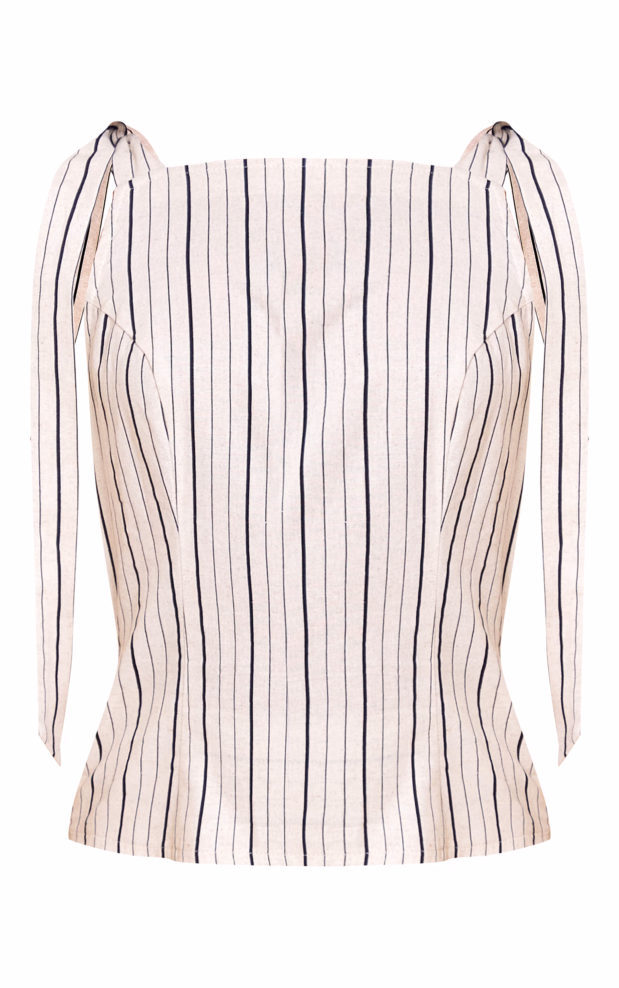 Sand Striped Linen-Blend Shoulder Tie Detail Layered Bodycon Dress
