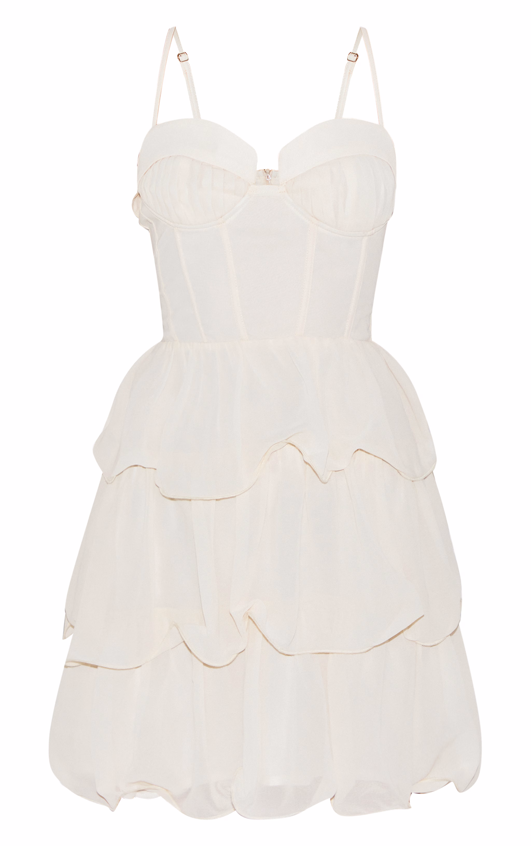Almond Chiffon Pleat Cup Detail Frill Shift Dress