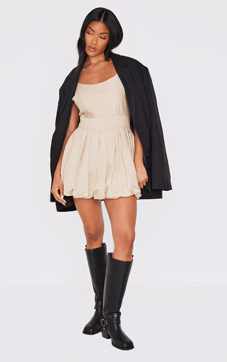 Cream Textured Buckle Strap Puffball Dress