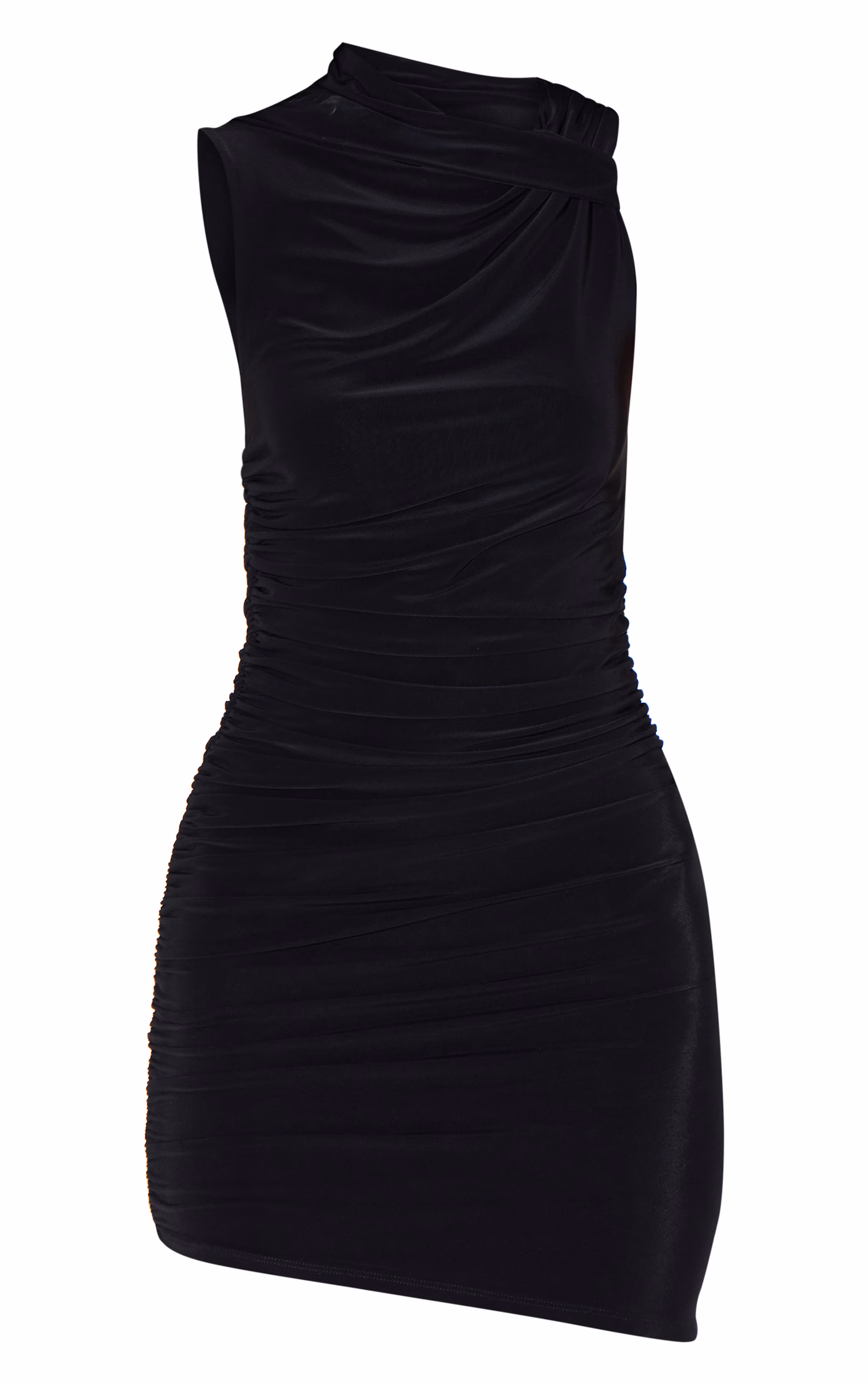 Black Double Layer Slinky Ruched Bodycon Dress