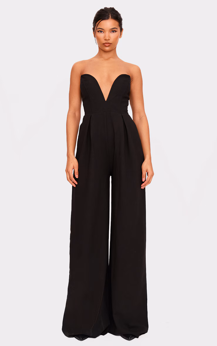 PLT Label Black Plunge Wide Leg Jumpsuit