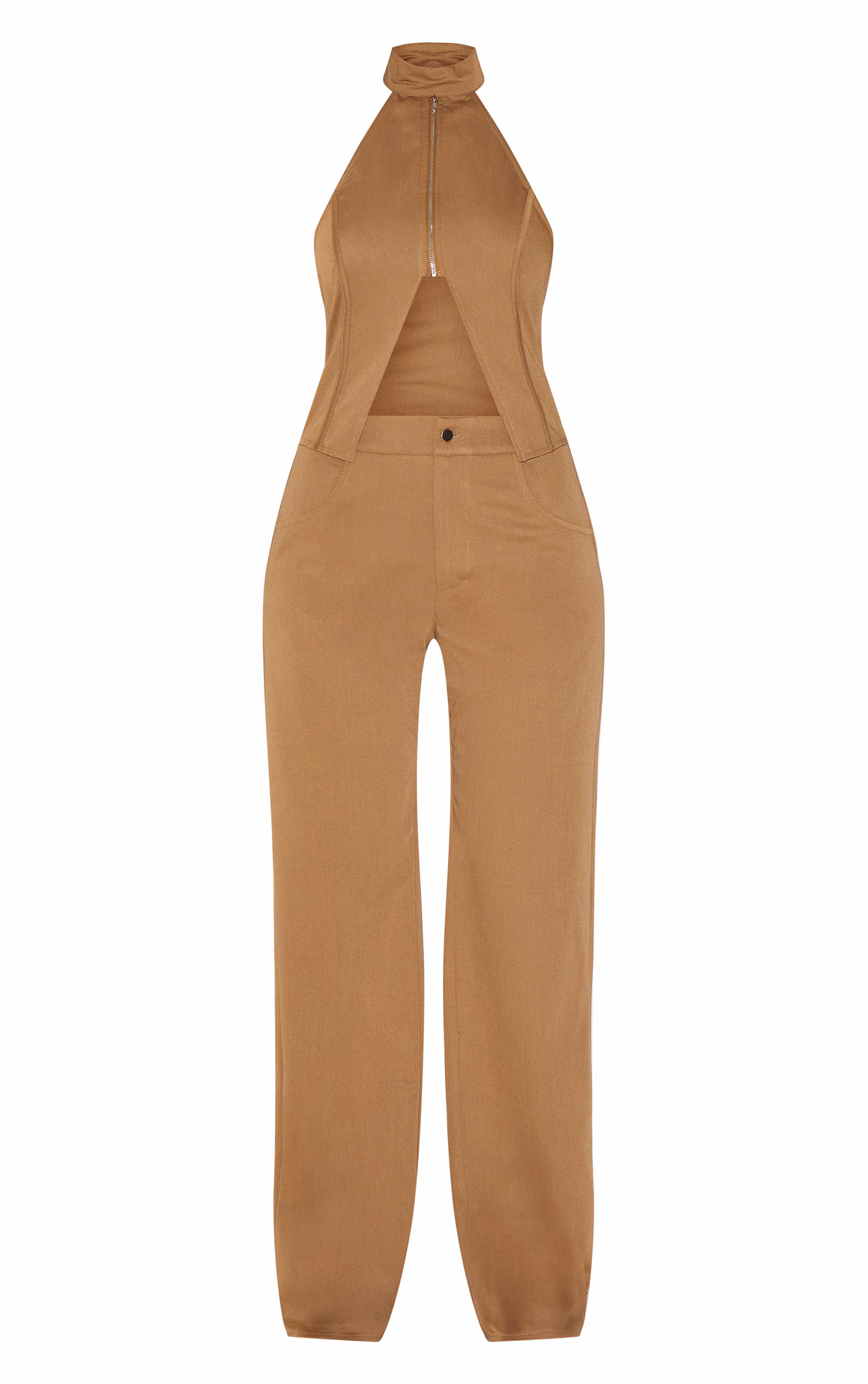 Khaki Woven High Neck Zip Detail Straight Leg Jumpsuit