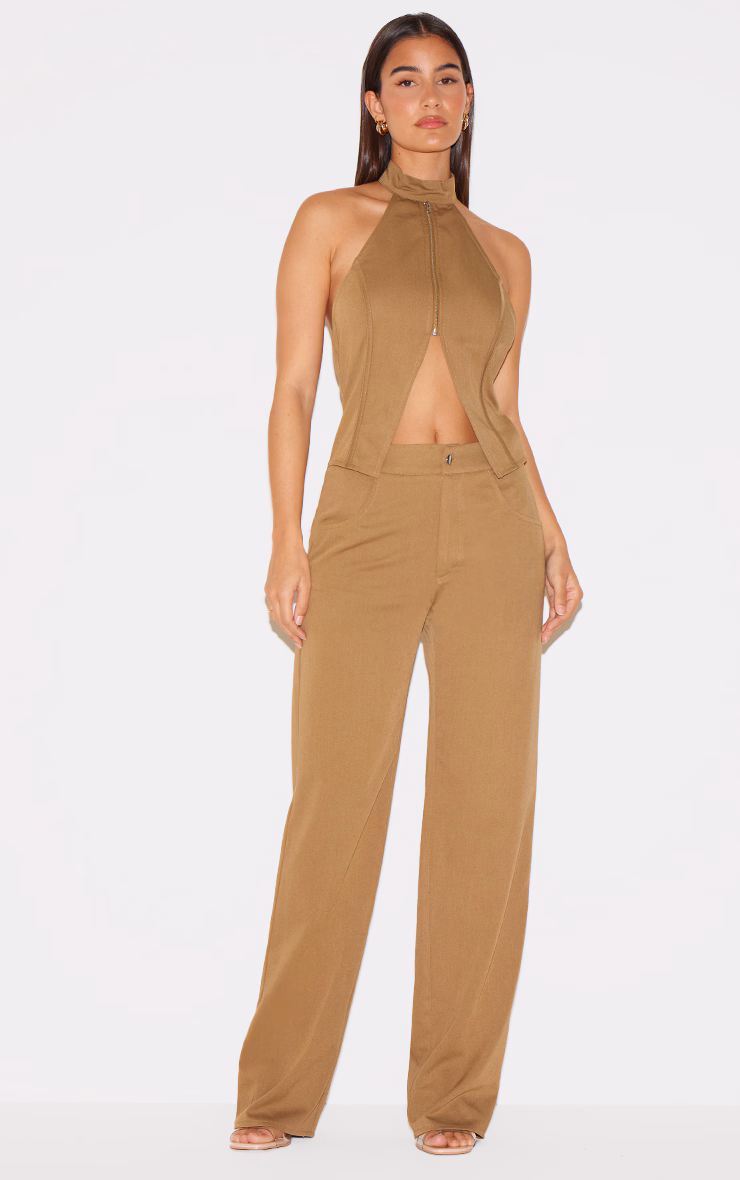 Khaki Woven High Neck Zip Detail Straight Leg Jumpsuit