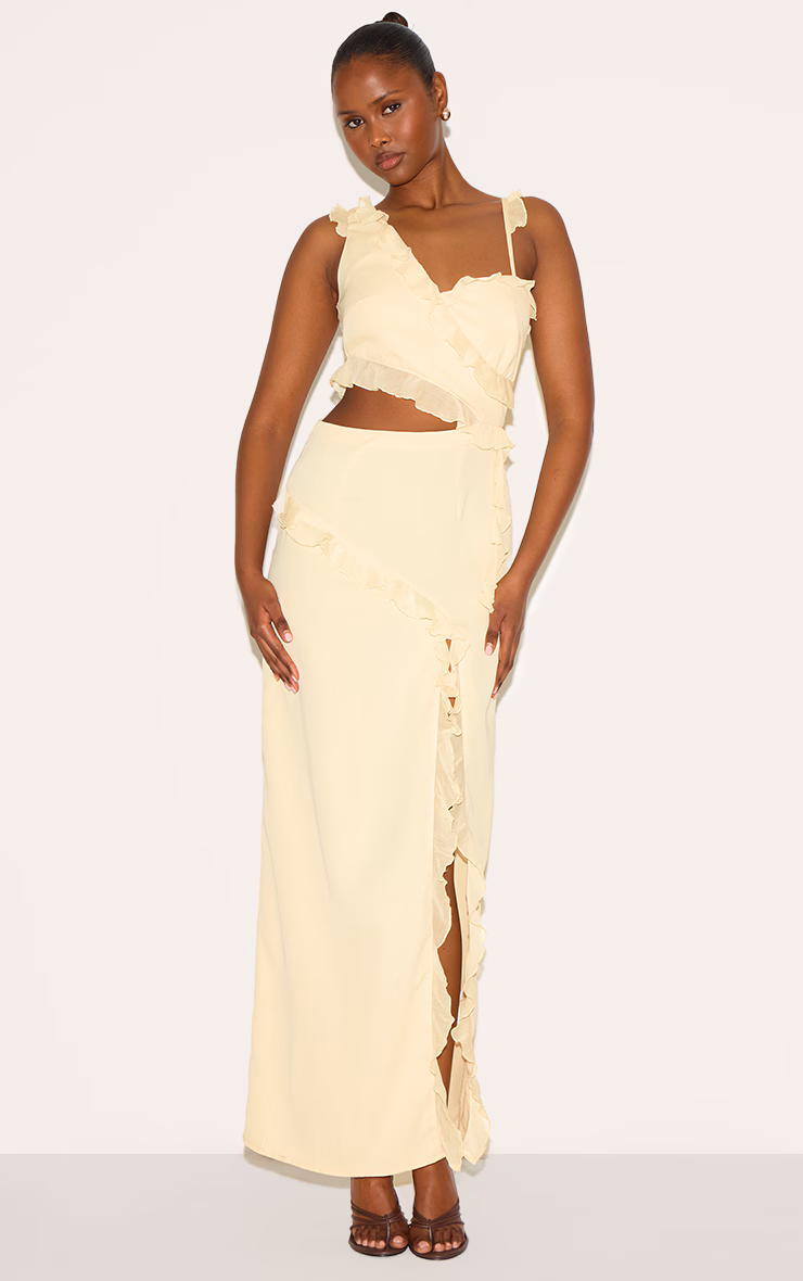Butter Cream Chiffon Frill Cut Out Maxi Dress