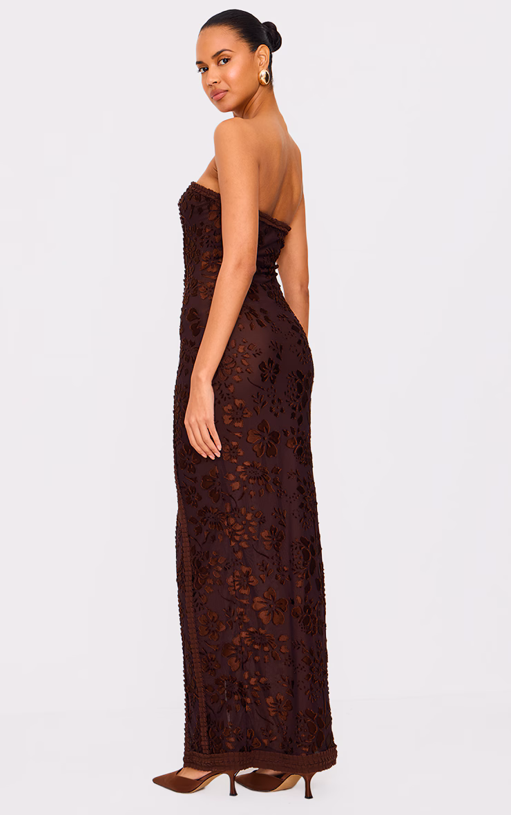 Chocolate Mesh Floral Detail Bandeau Maxi Dress