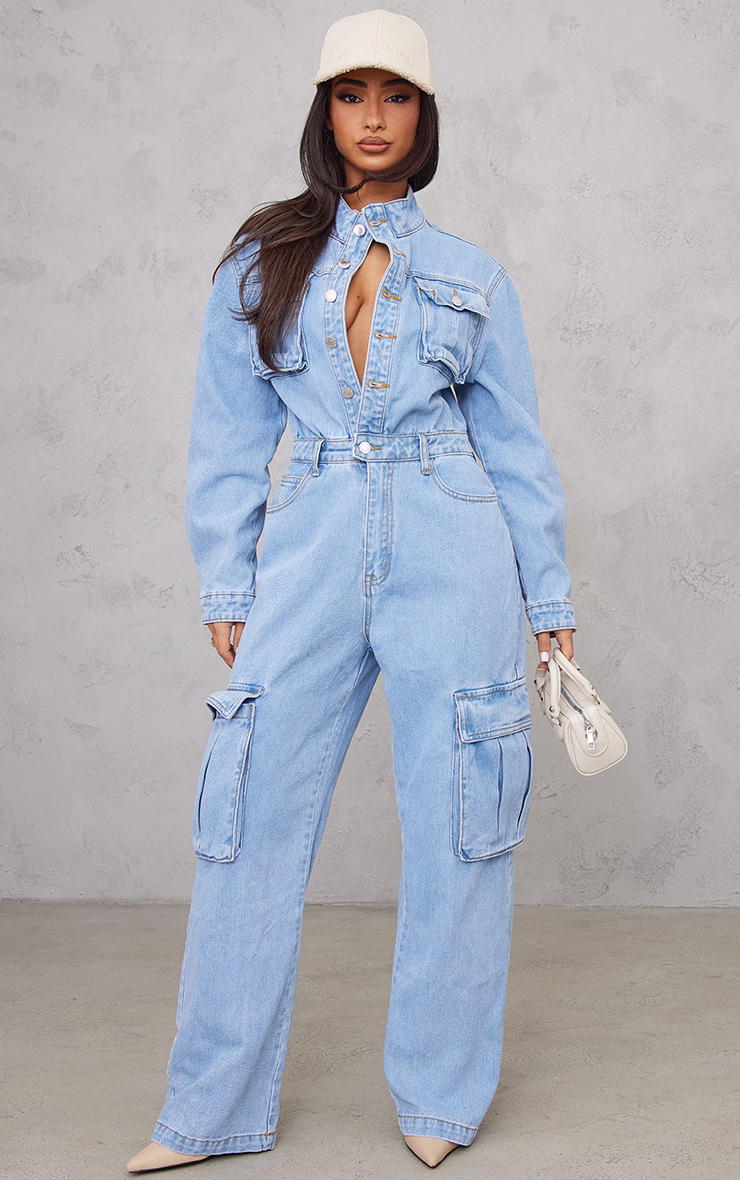 Petite Light Blue Wash Denim Cargo Wide Leg Jumpsuit