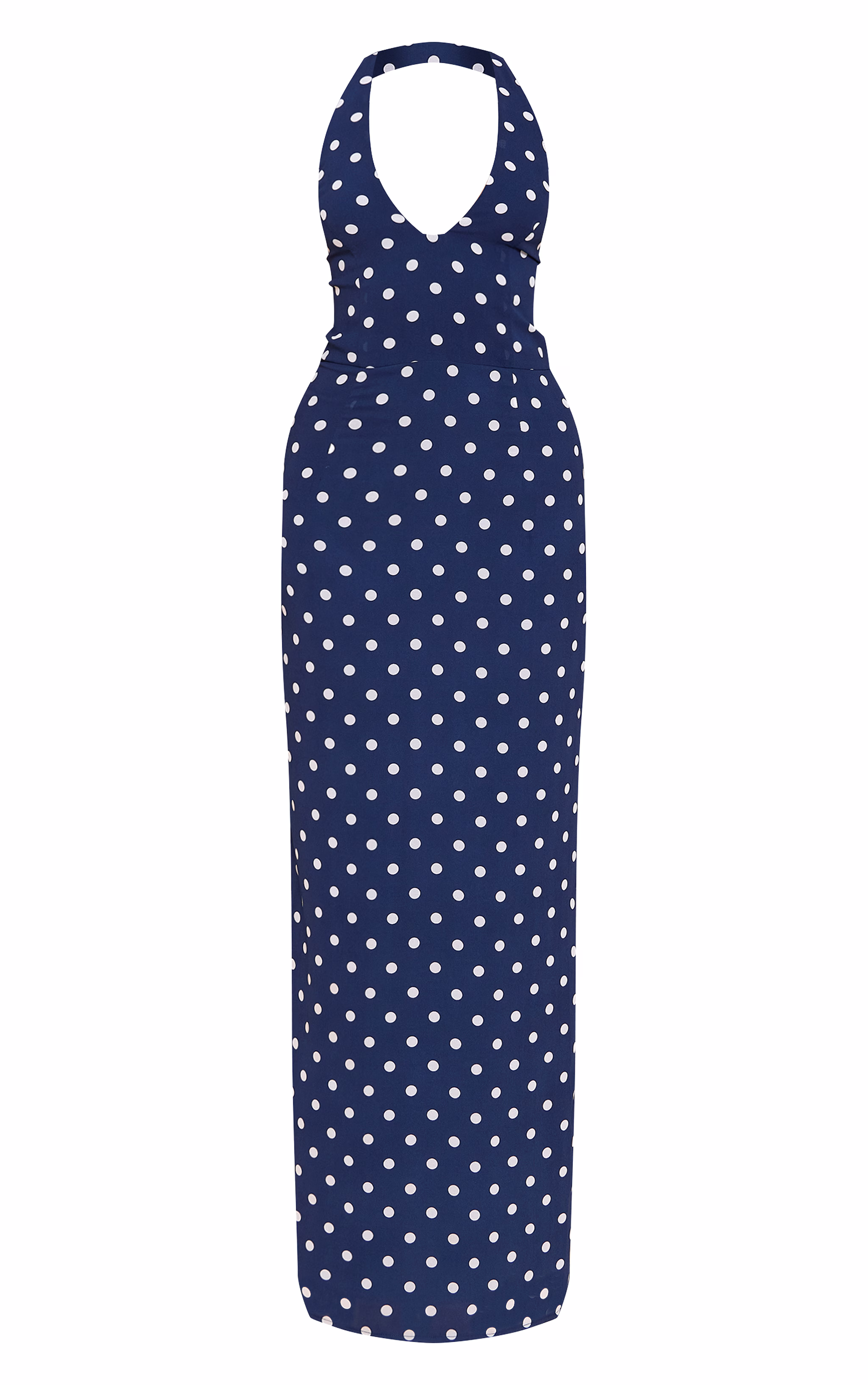 Navy And White Chiffon Polka Dot Printed Plunge Neck Maxi Dress