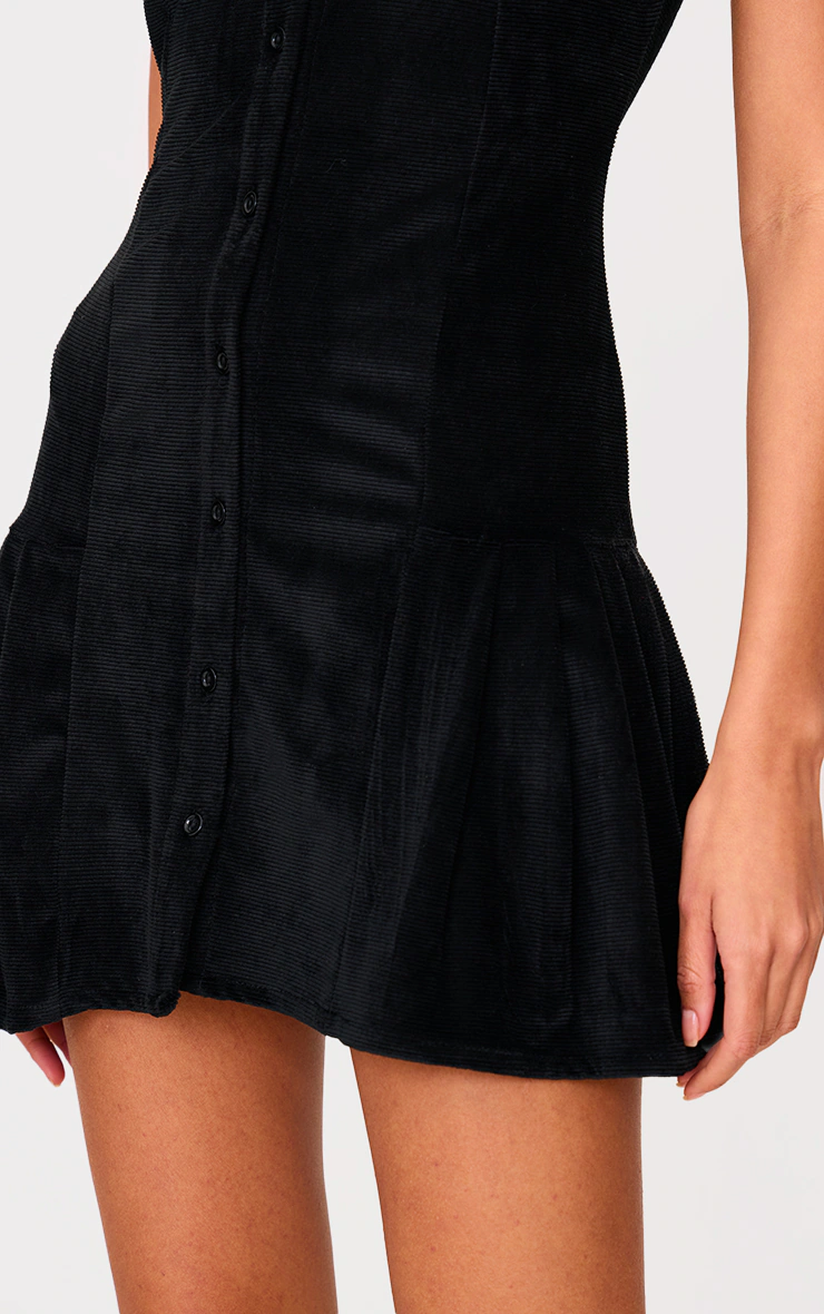 Black Cord Button Down Cap Sleeve Pleated Hem Shift Dress