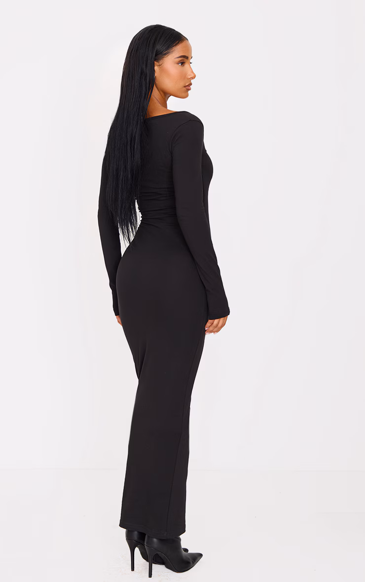 Black Cotton Square Neck Long Sleeve Maxi Dress