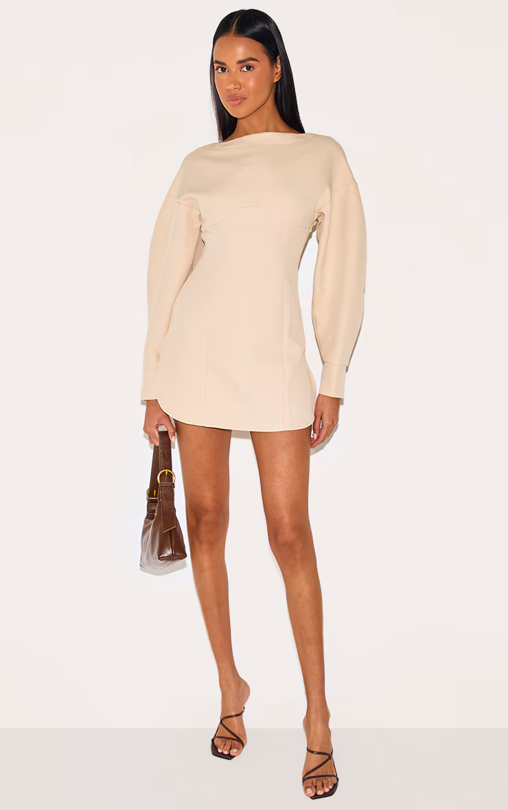 Beige Tailored Long Sleeve Shift Dress