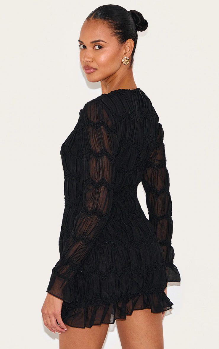 Black Textured Long Sleeve Crew Neck Mini Dress