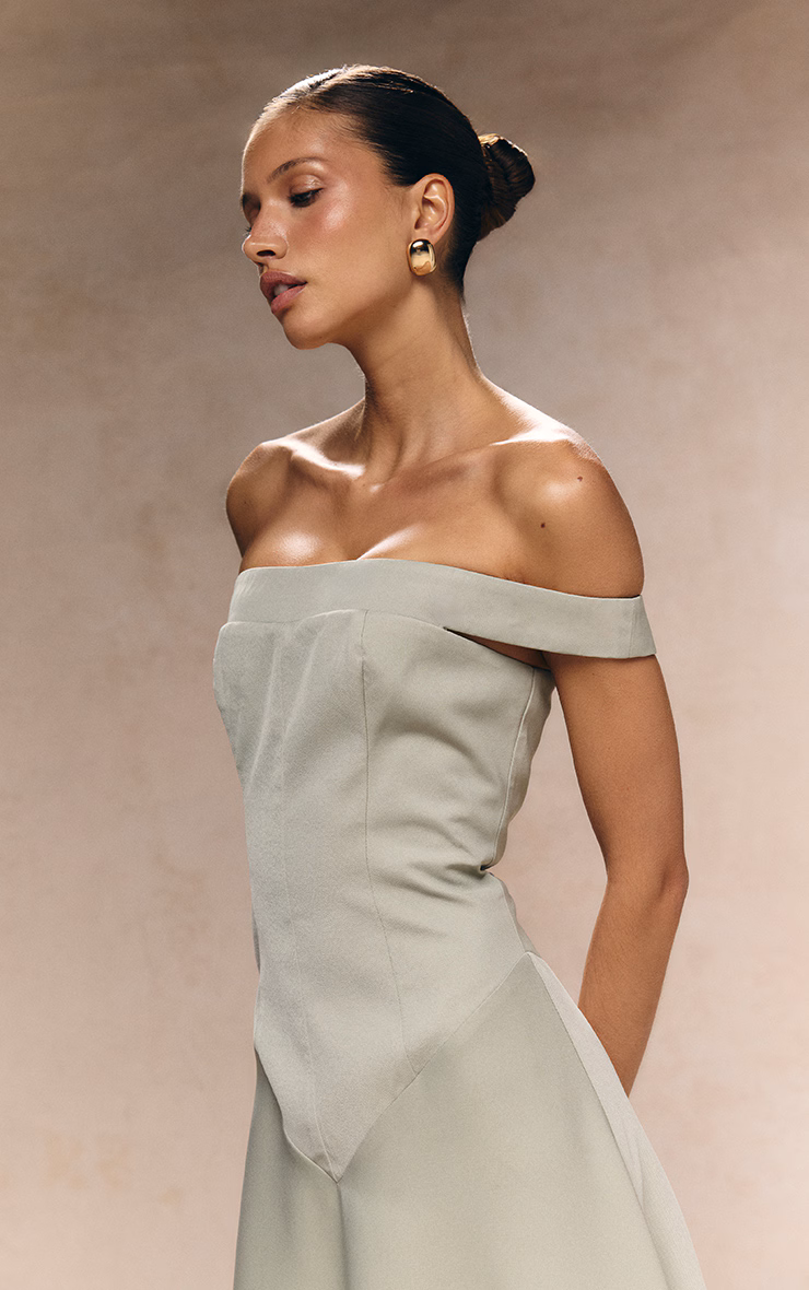 Sage Green Structured Bardot V Waist Maxi Dress