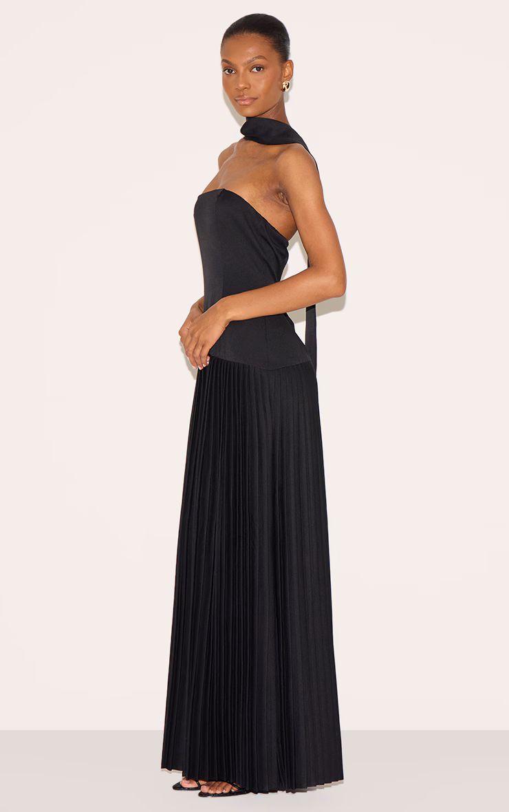 Black Woven Asymmetric Pleated Maxi Dress