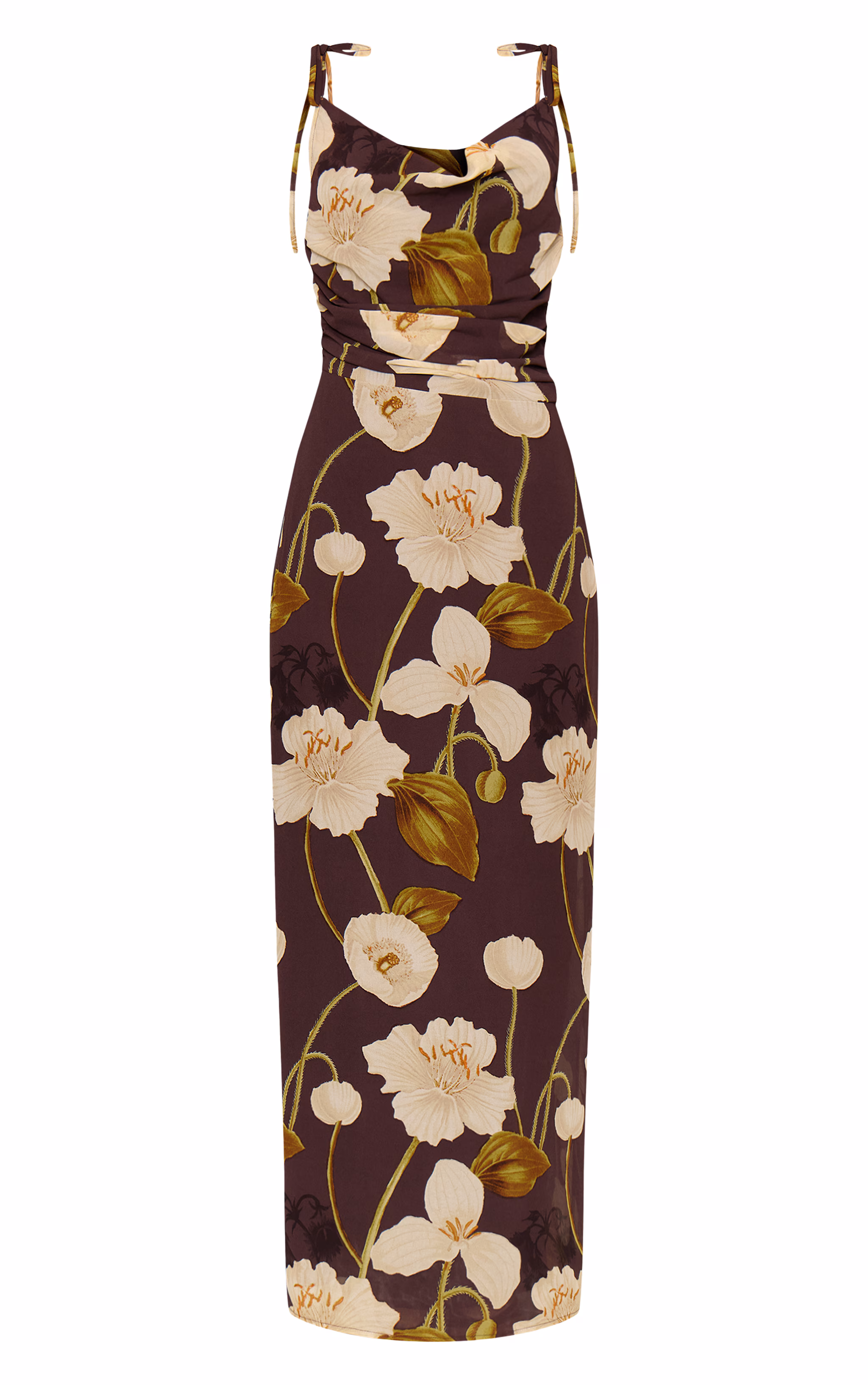 Chocolate Floral Chiffon Cowl Maxi Dress