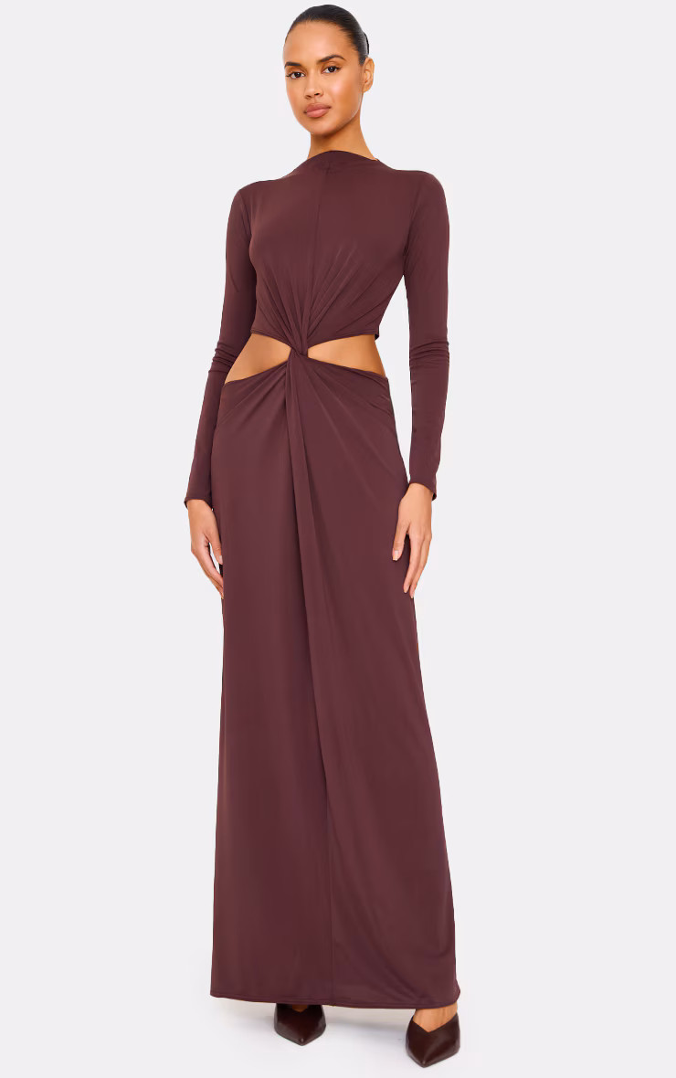 Chocolate Matte Sculpt Cut Out Twist Long Sleeve Maxi Dress