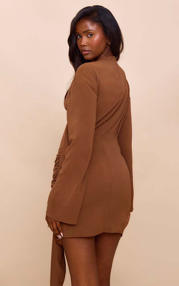 Chocolate Woven Plunge Wrap Shirt Dress