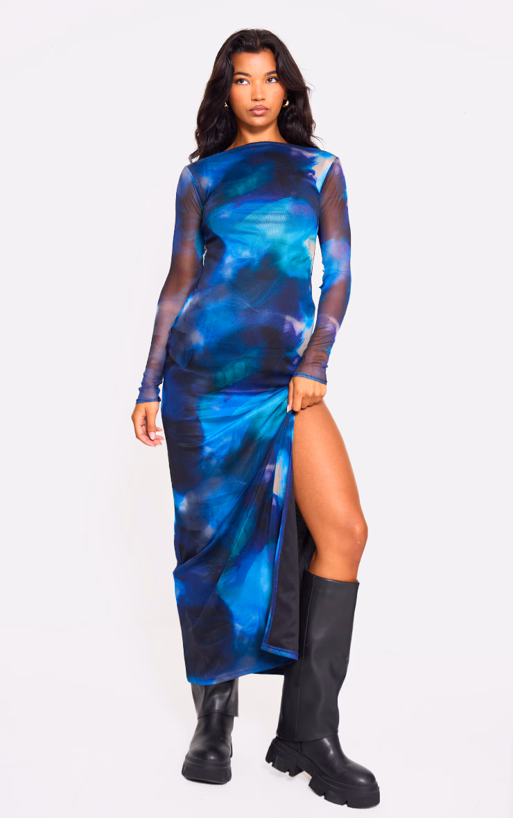 Blue Printed Mesh Long Sleeve Maxi Dress
