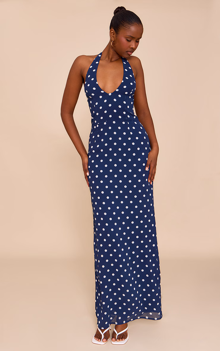 Navy And White Chiffon Polka Dot Printed Plunge Neck Maxi Dress