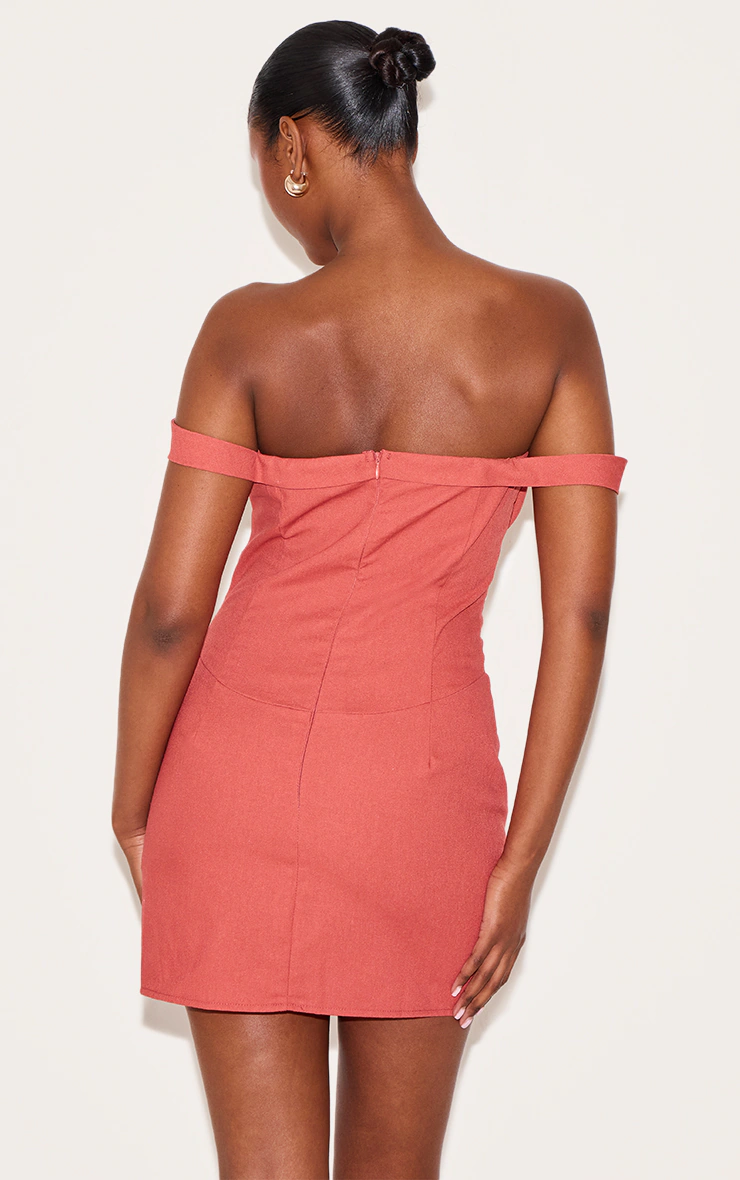 Burnt Orange Draped Bardot Corset Bodycon Dress