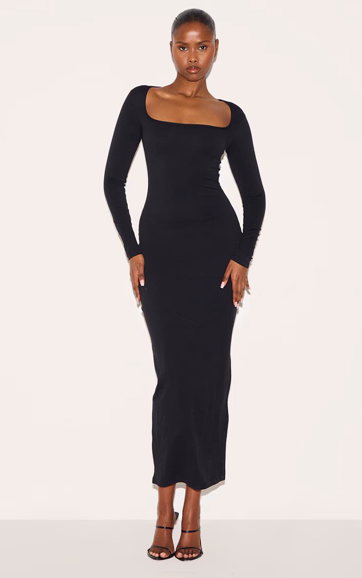 Black Snatched Sculpt Square Neck Midaxi Dress