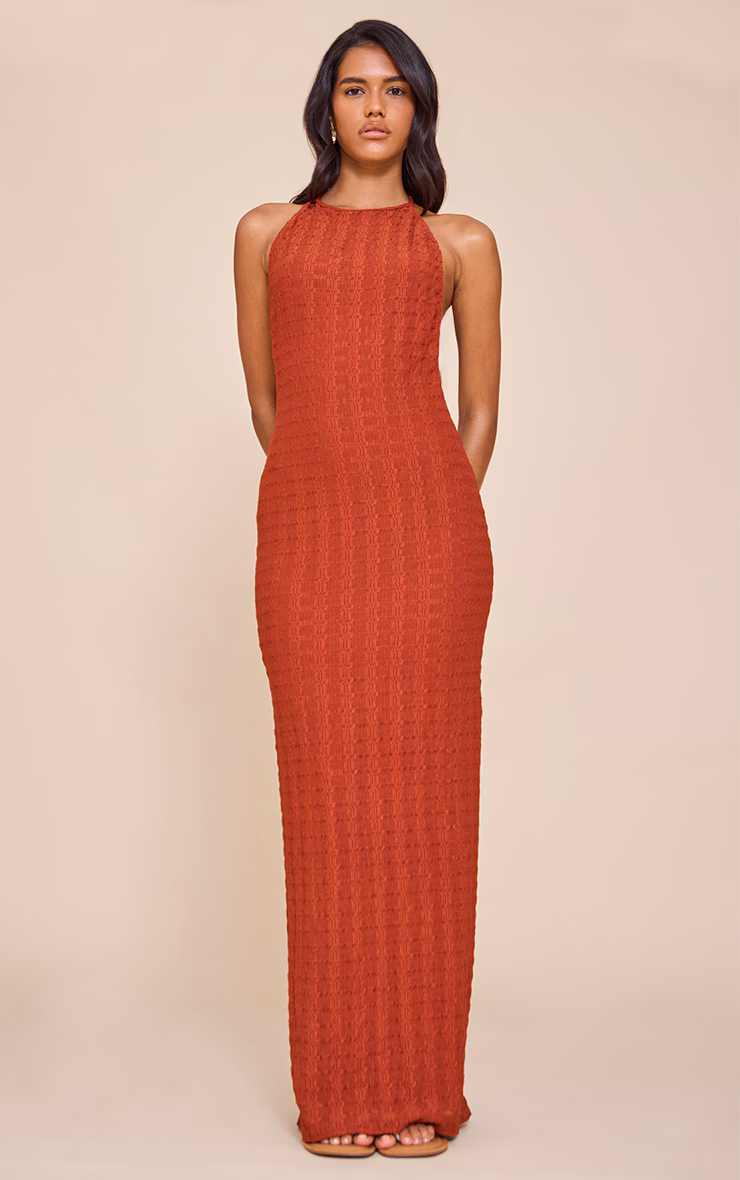 Rust Textured Halterneck Tie Low Back Sleeveless Maxi Dress