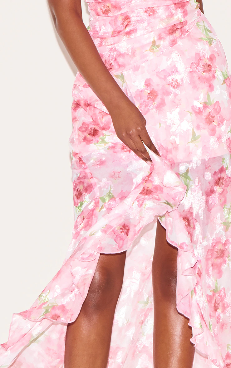 Pink Floral Chiffon Frill Plunge Strappy Maxi Dress