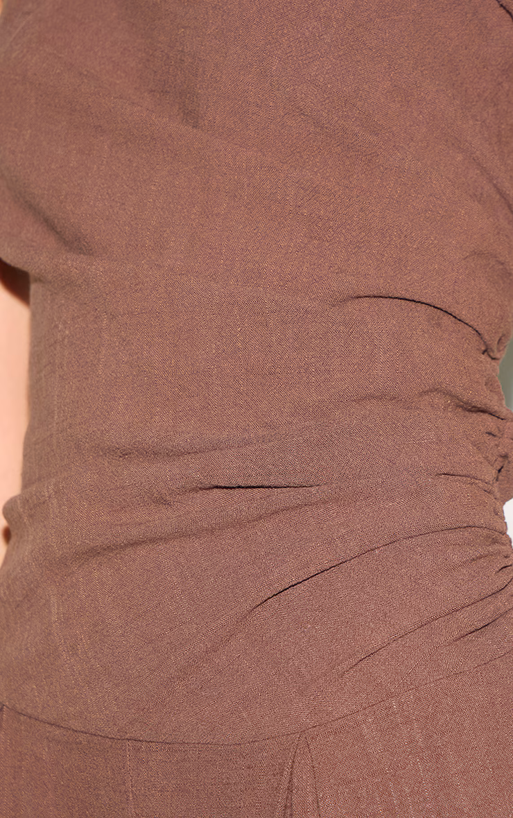 Chocolate Twist Sleeve Linen Ruched One Sleeve Jumpsuit