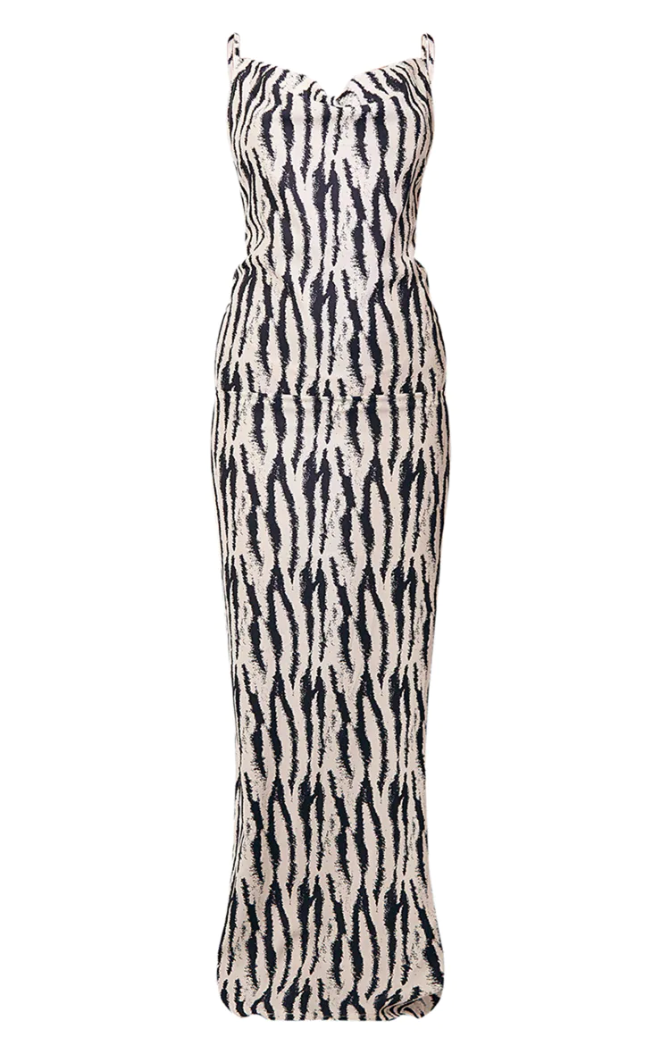 White Zebra Print Satin Cowl Neck Maxi Dress