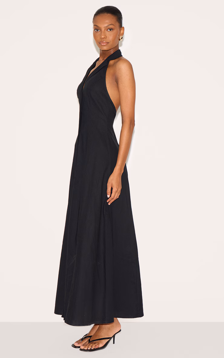 Black Button Down Collar Detail Maxi Dress