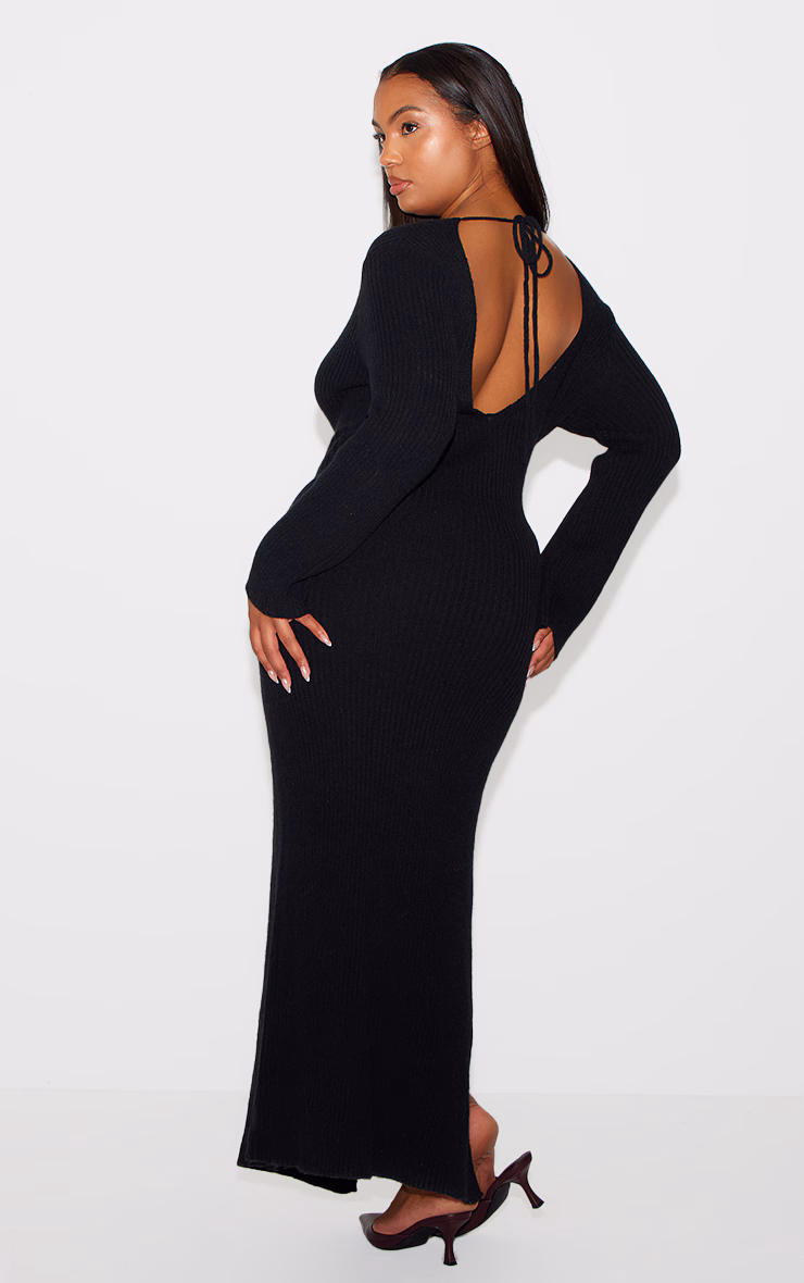 Plus Black Rib Knit Low Back Long Sleeve Maxi Dress