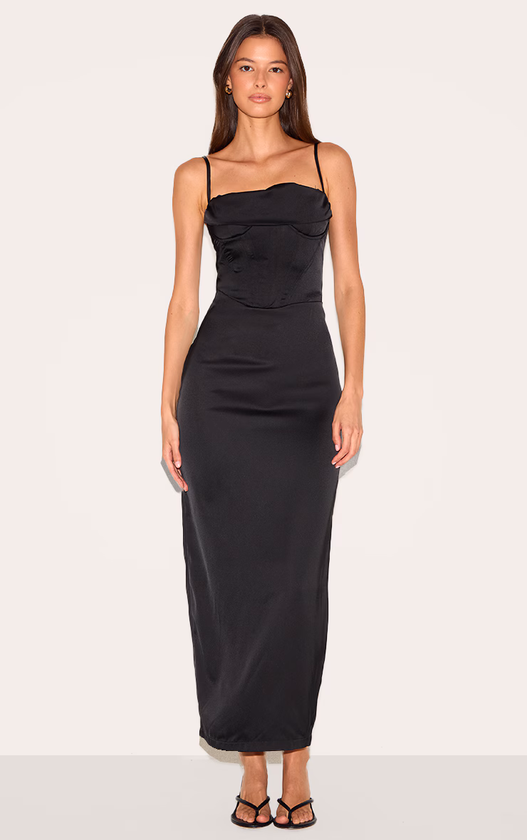 Black Strappy Satin Corset Drape Detail Midaxi Dress