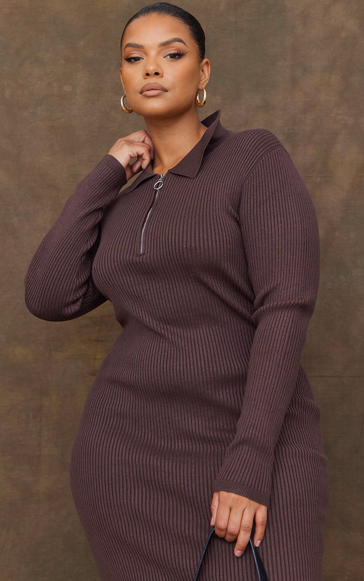 Plus Chocolate Half Zip Collared Detail Midaxi Dress