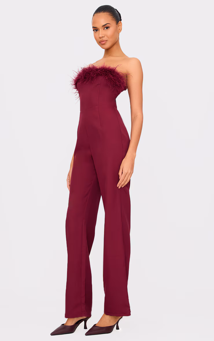 Burgundy Faux Fur Bandeau Straight Leg Jumpsuit