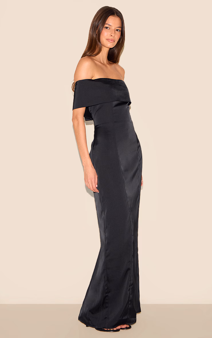 Black Bridesmaid Bardot Fold Over Sleeveless Maxi Dress