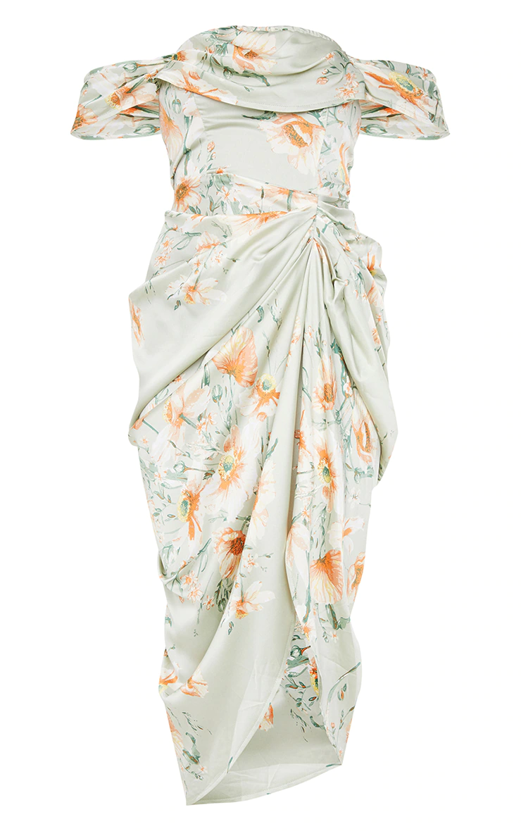 Sage Green Floral Print Satin Draped Bardot Midi Dress