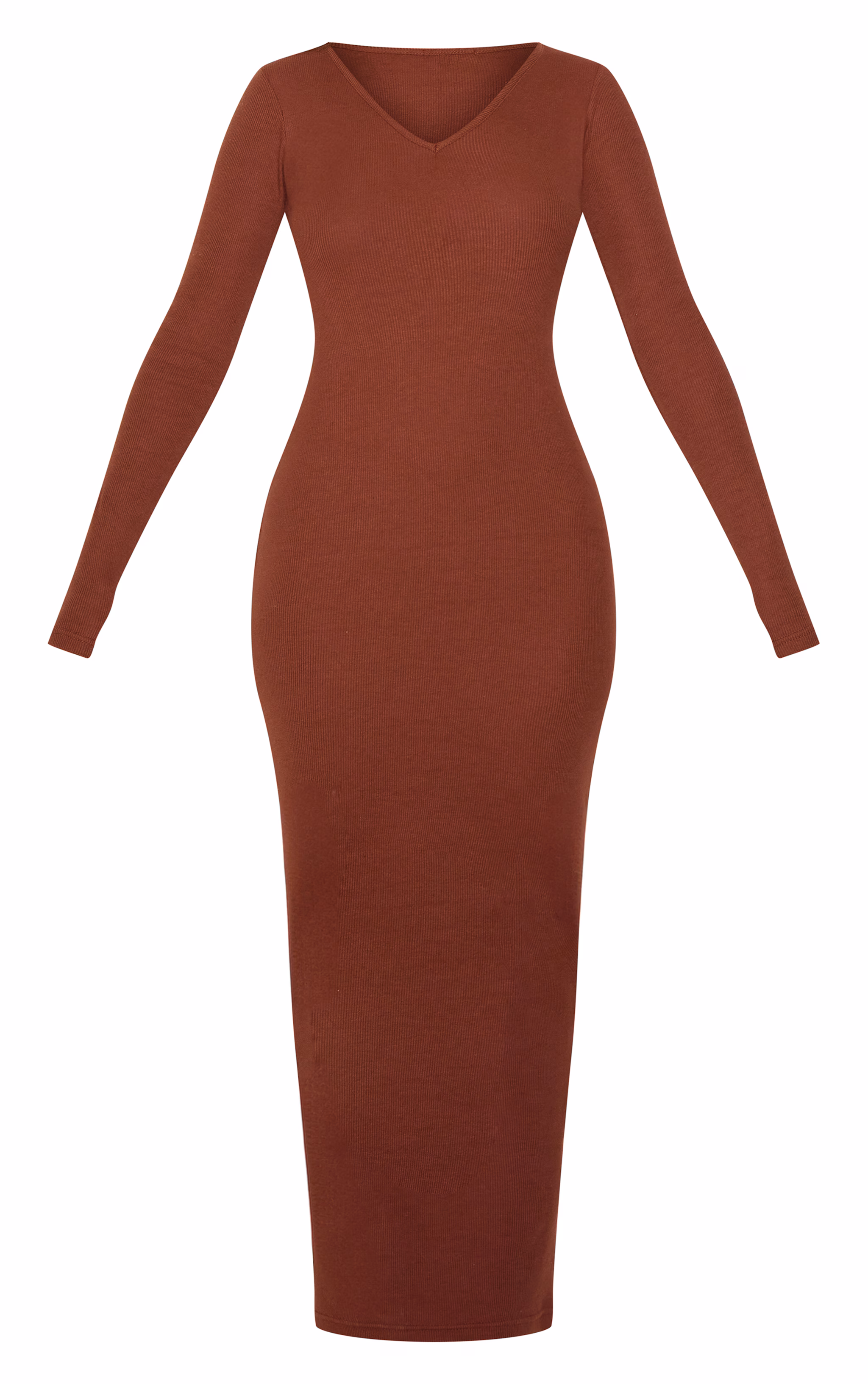 Chocolate Ribbed V Neck Long Sleeve Maxi Dress
