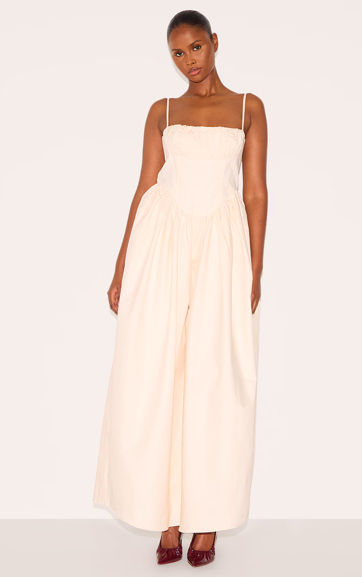 Cream Premium Ruched Corset Detail Wide Leg Jumpsuit