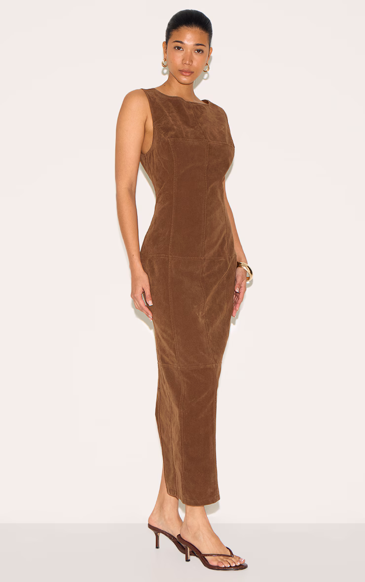 Chestnut Faux Suede Boat Neck Backless Maxi Dress